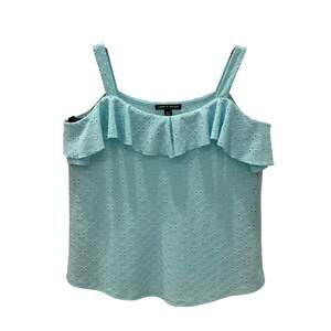 Cable & Gauge Womens Small Aqua Eyelet Ruffle Cold Shoulder Blouse Top
